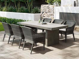 Modulo Concrete Outdoor Dining Table with Sabi Rattan Chairs